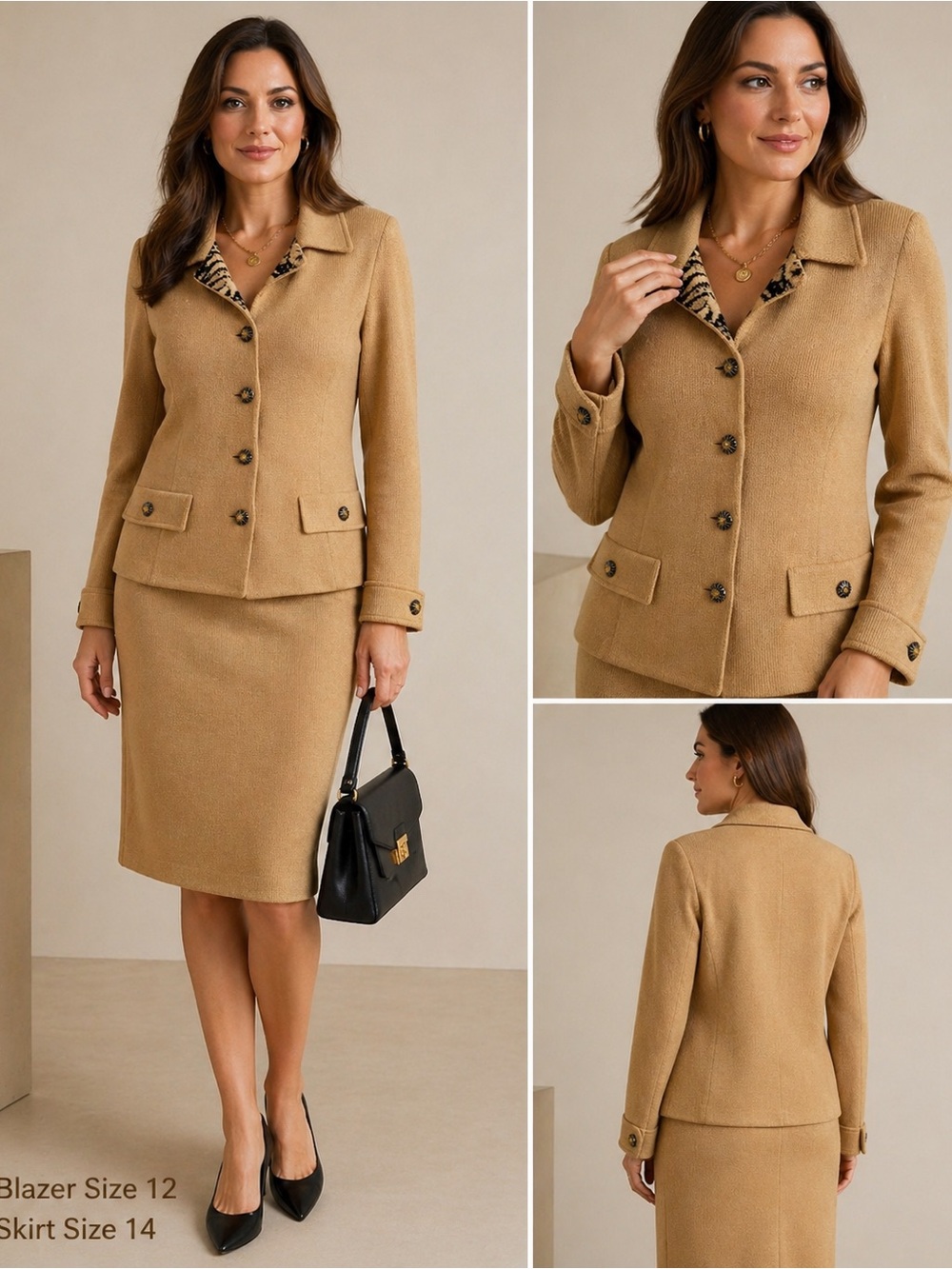 St. John Collection Marie Gray Knit Skirt Suit Set Camel Tan Luxe Career Chic